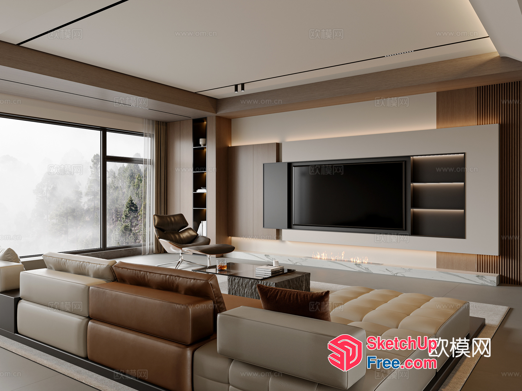 Modern Living Room With Large Tv And Natural Light 3D SketchUp File