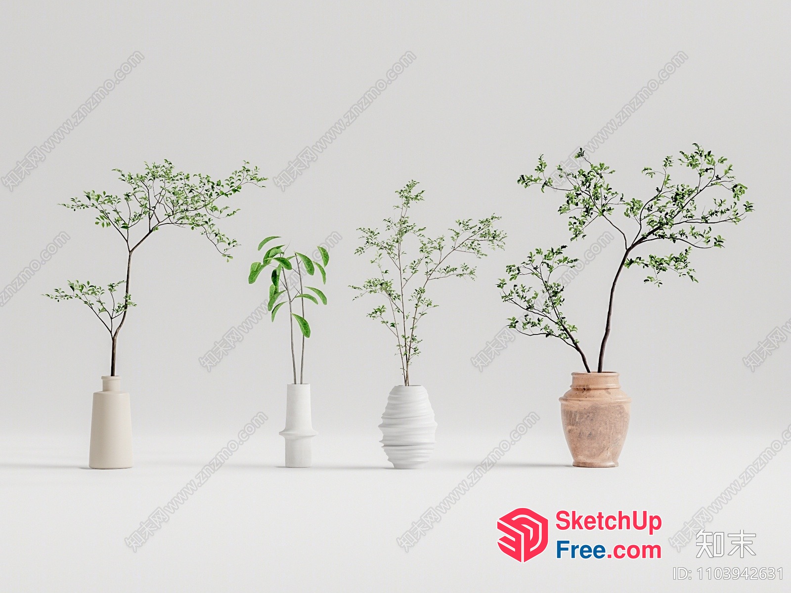 Four Vases With Plants 3D SketchUp File