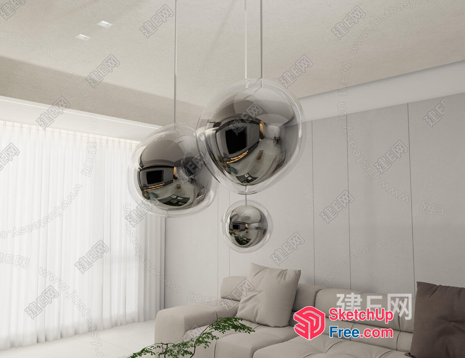 Sleek Modern Living Room With Glass Orb Chandelier 3D SketchUp File