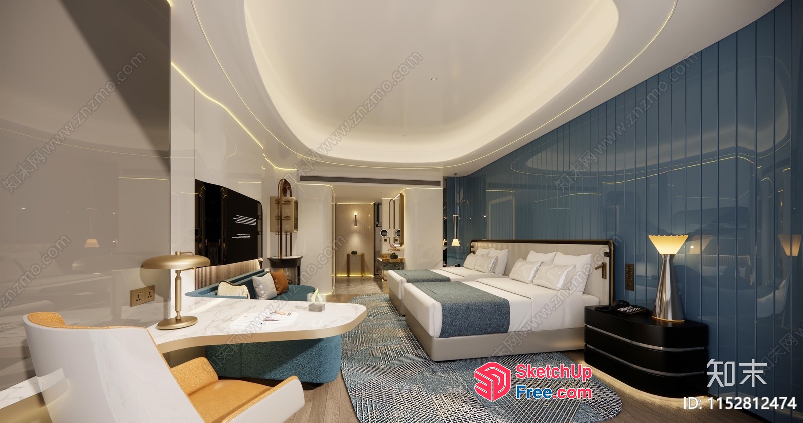 Modern Hotel Room With White And Blue Decor 3D SketchUp File
