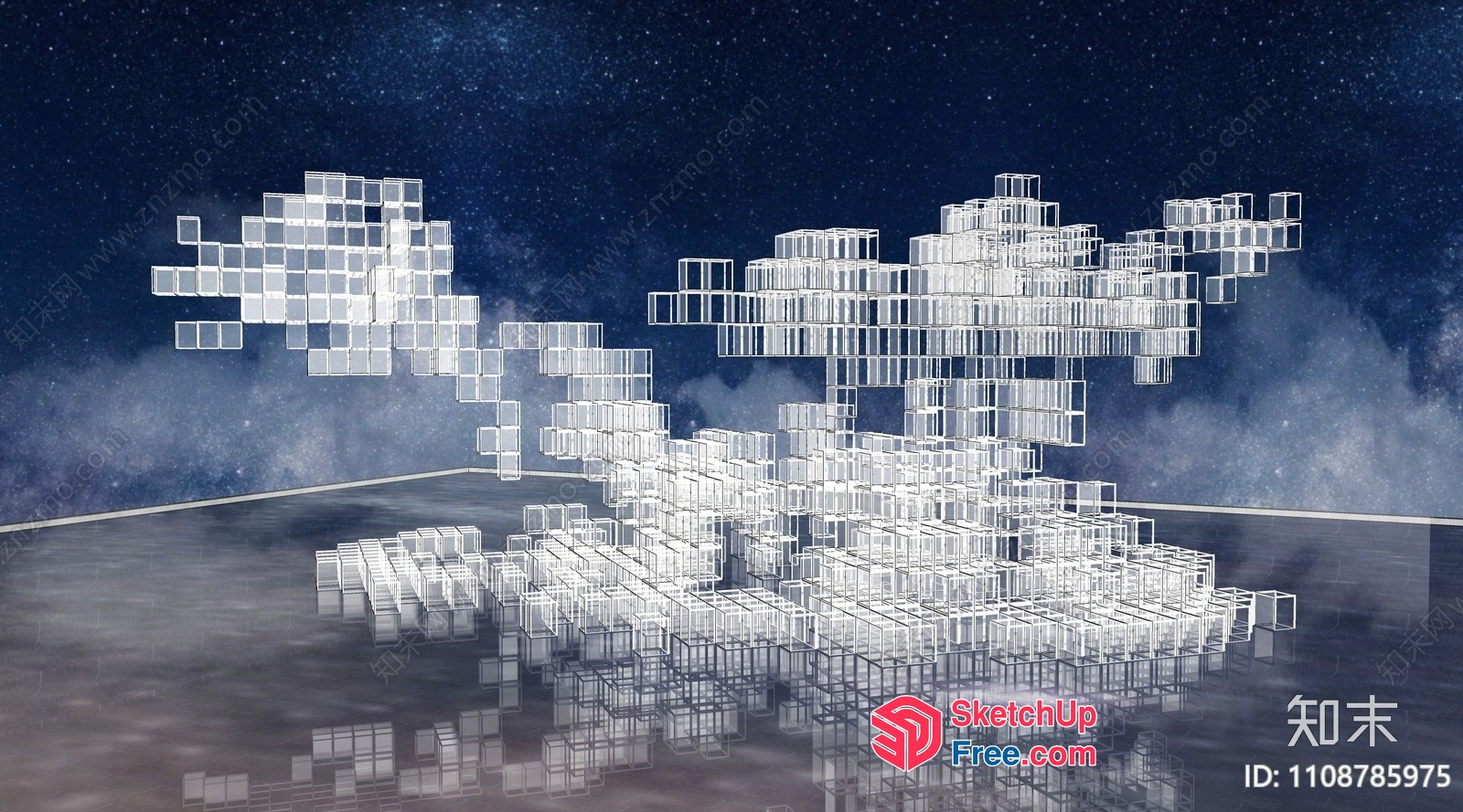 Futuristic Glass Block Sculpture In Space Environment 3D SketchUp File