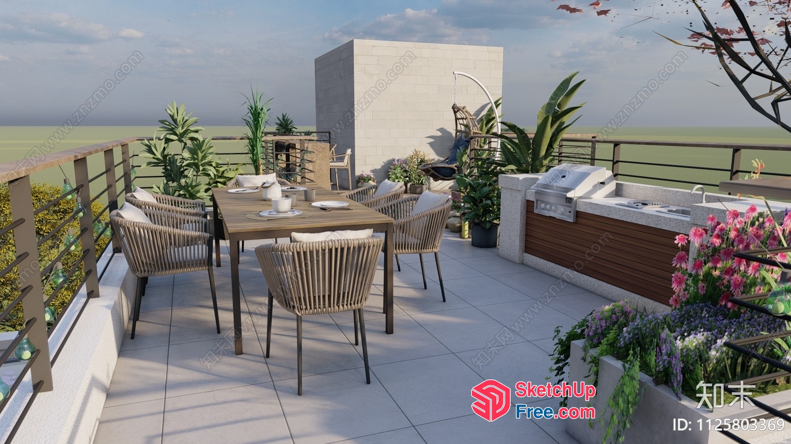 Rooftop Terrace With Outdoor Dining And Grill 3D SketchUp File