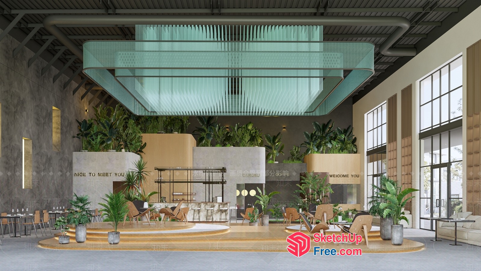 Modern Industrial-Style Interior With Glass Curtain Wall And Greenery 3D SketchUp File