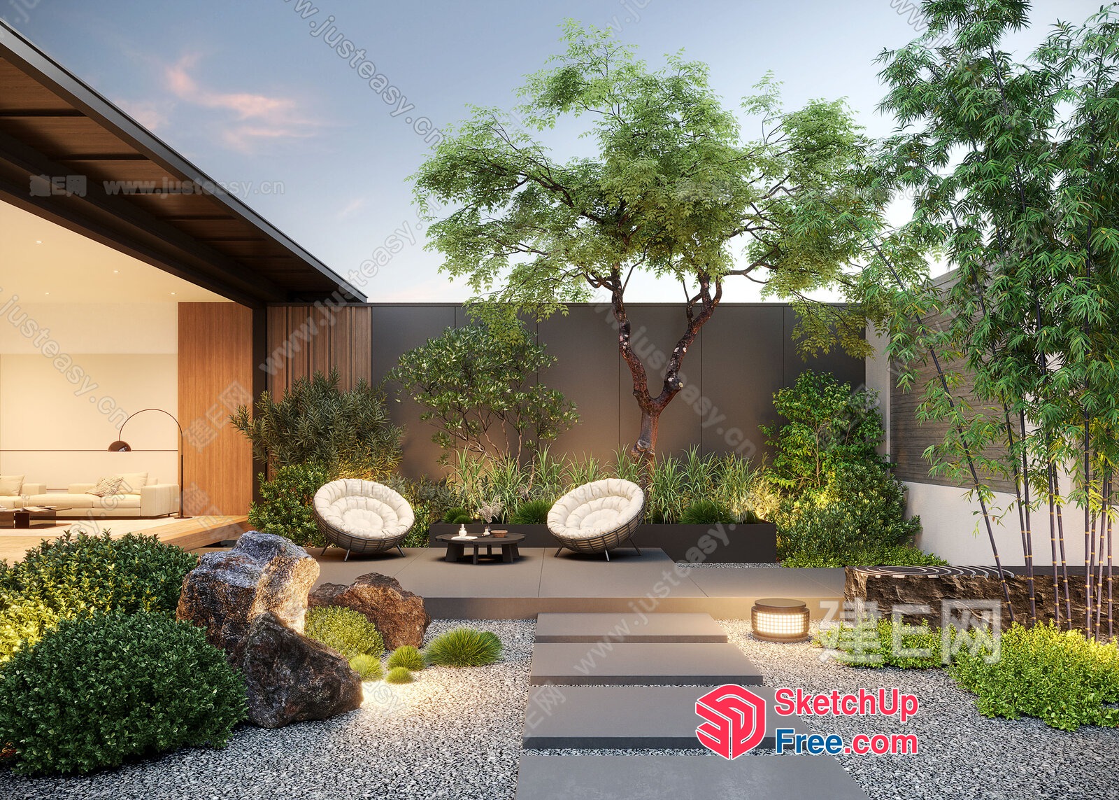 Modern Japanese-Inspired Outdoor Seating Area 3D SketchUp File