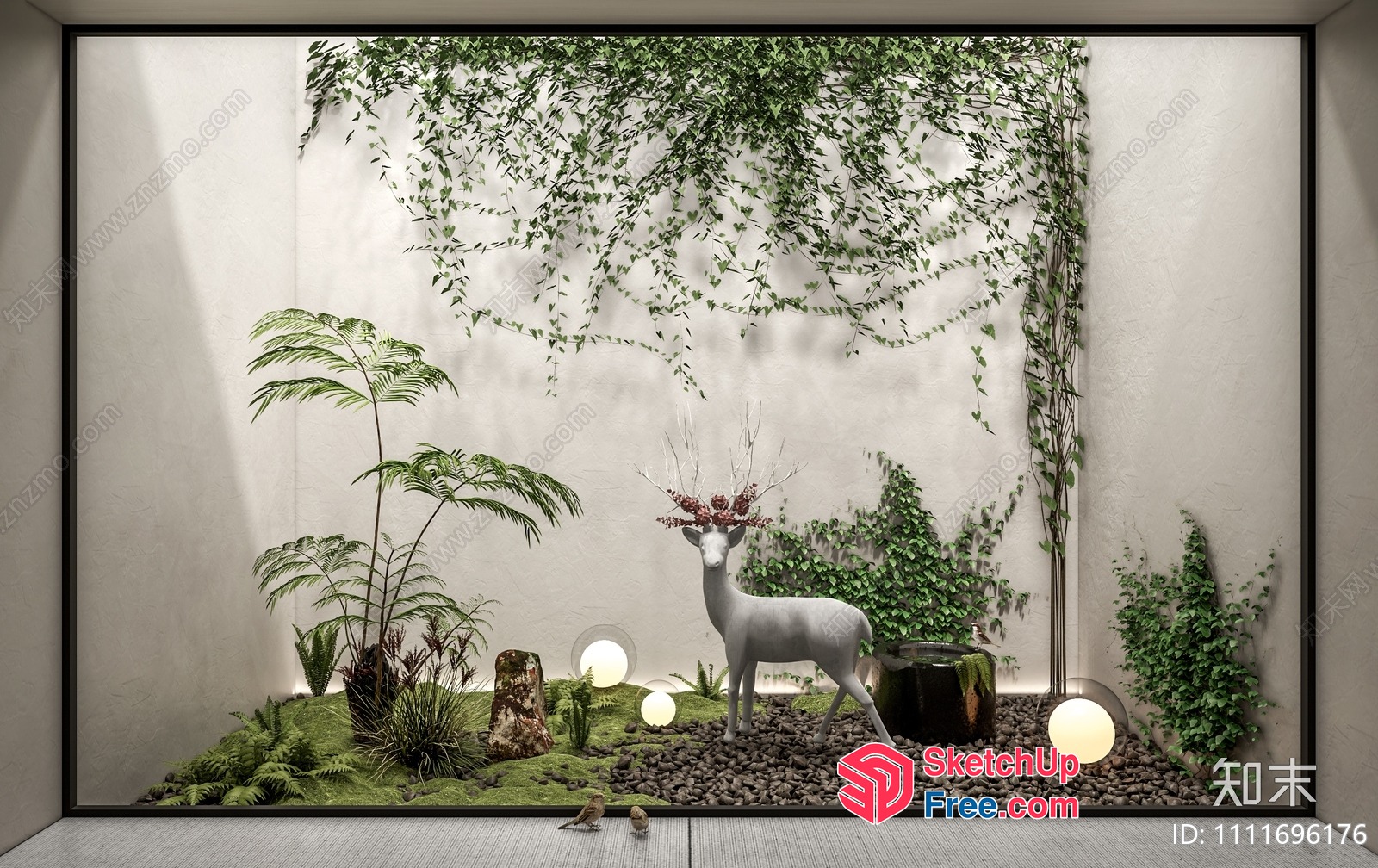 Japanese Style Garden With White Deer Statue And Moss 3D SketchUp File