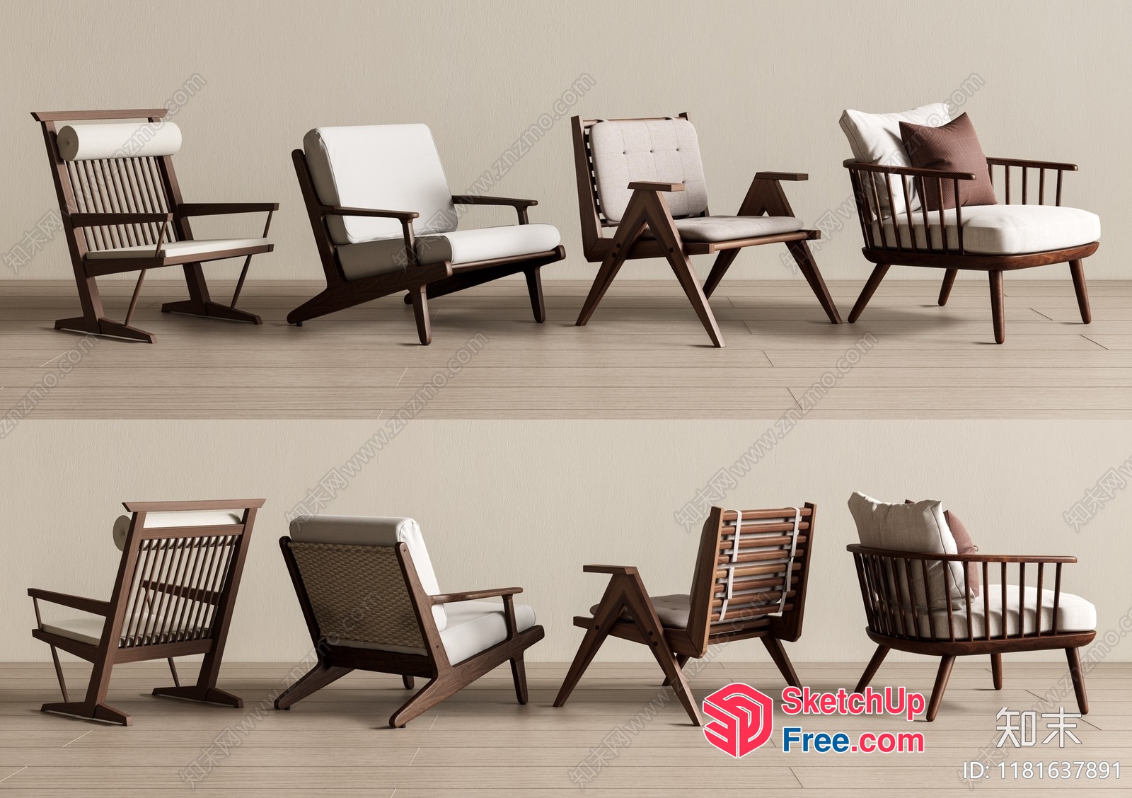 Modern Wooden Chairs With White Cushions And Pillows 3D SketchUp File