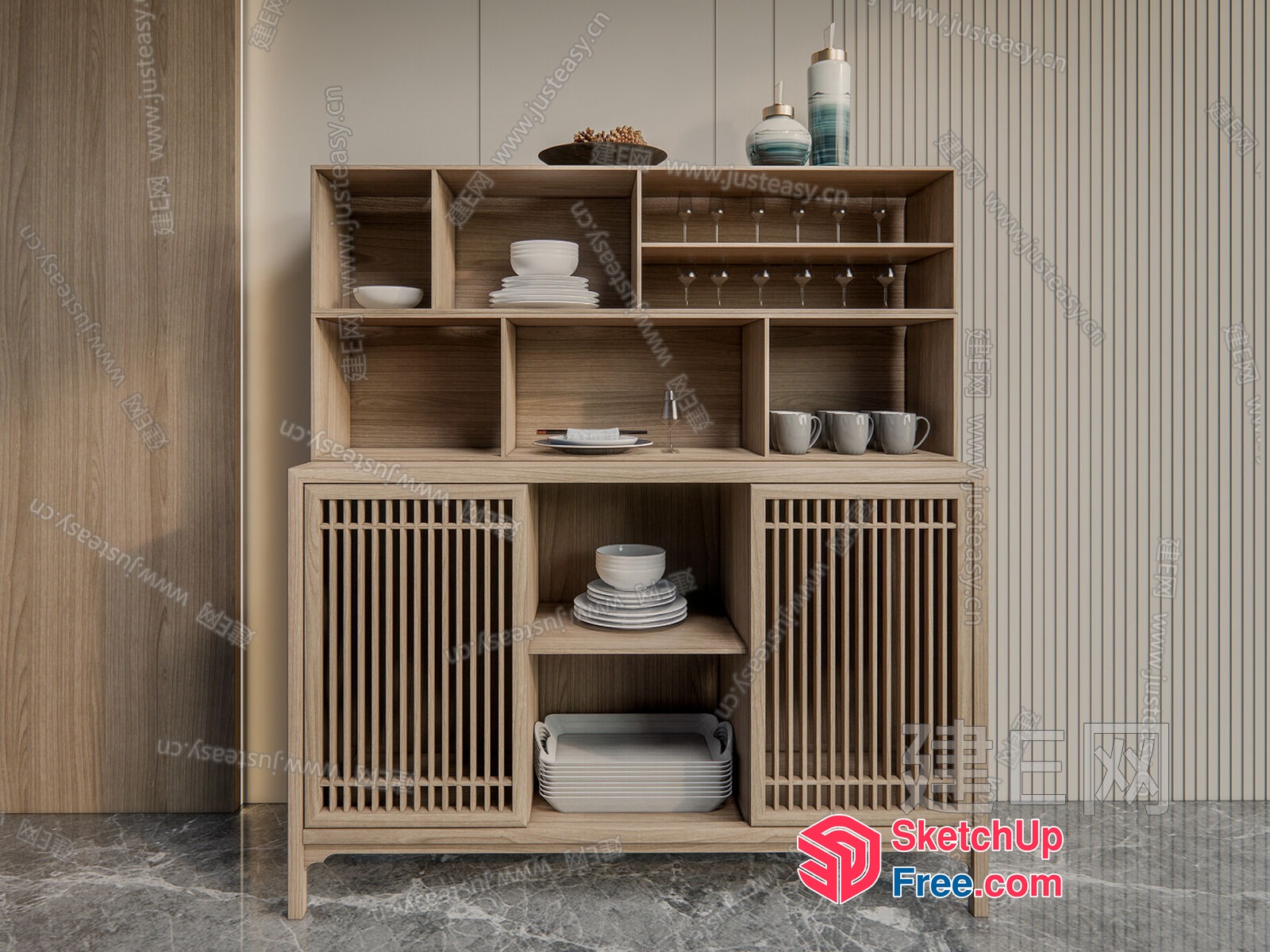 Modern Wooden Cabinet With Glassware And Tableware 3D SketchUp File