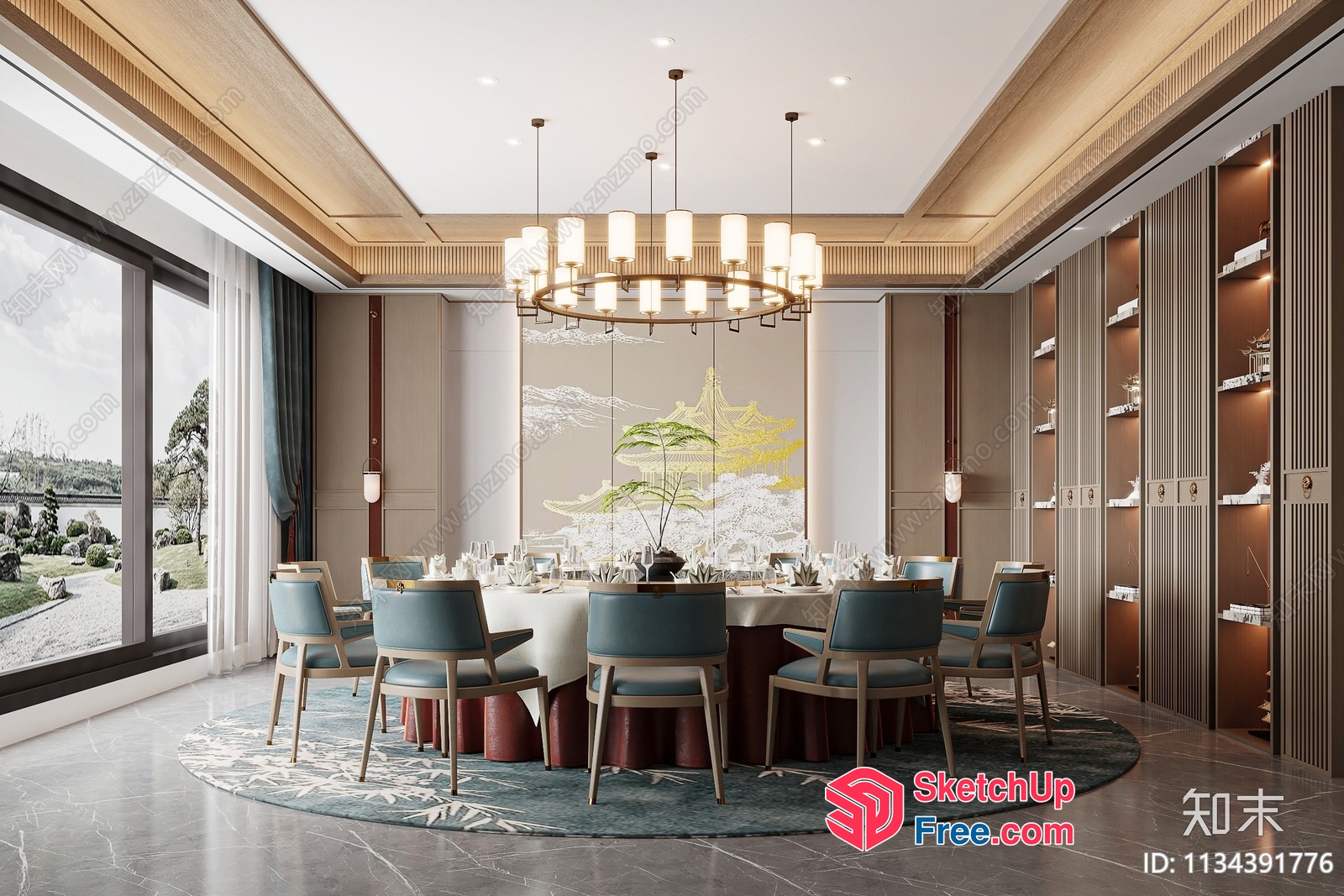 Elegant Dining Room With Chandelier And Large Window 3D SketchUp File