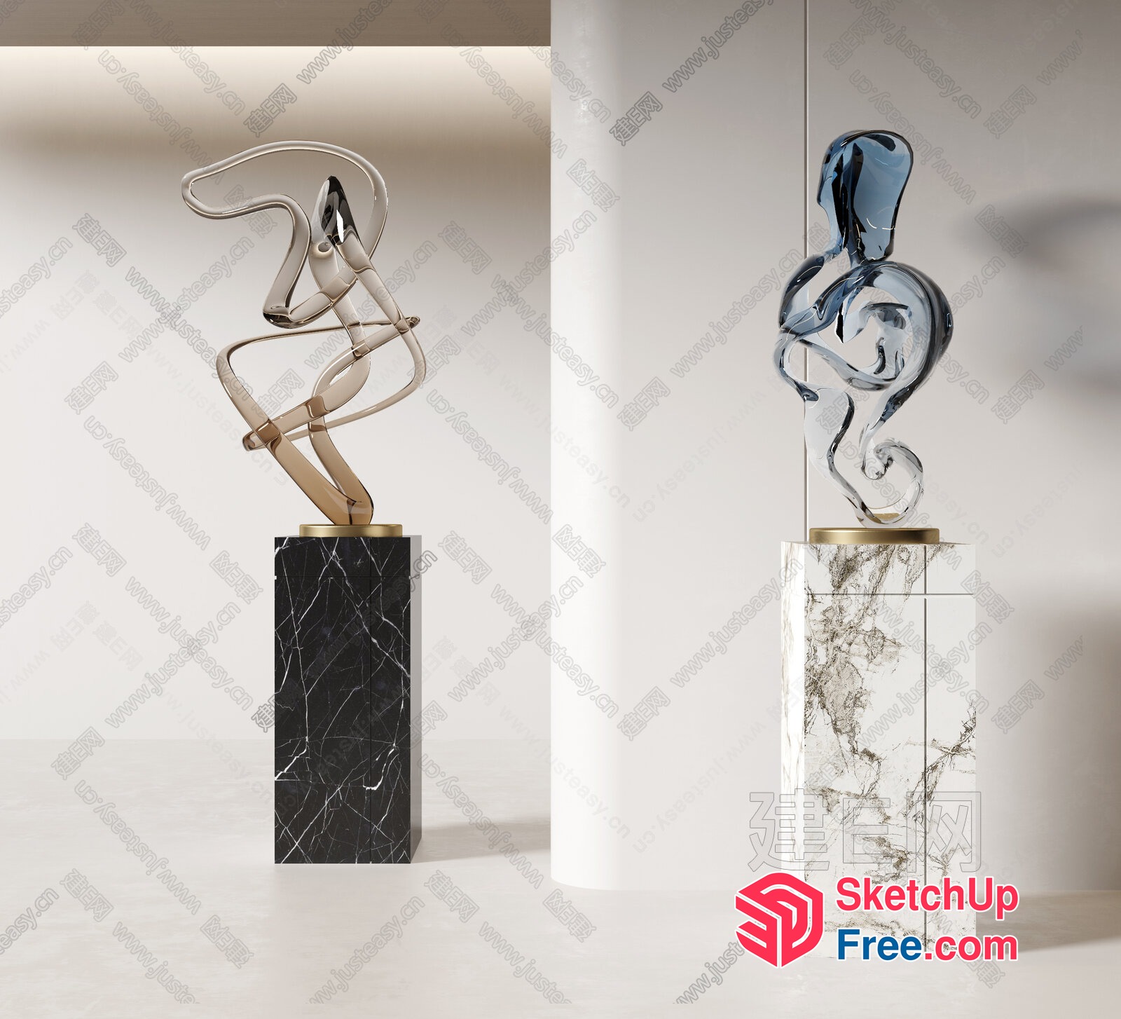 Abstract Modern Glass Sculptures On Marble Pedestals 3D SketchUp File