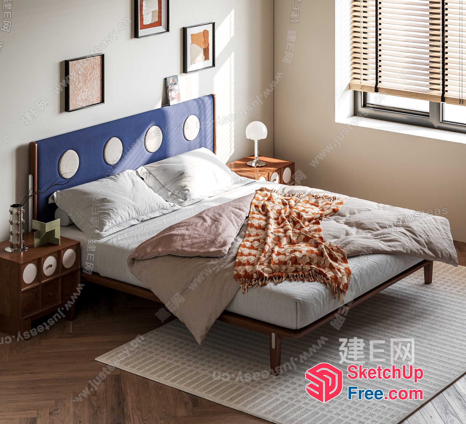 Cozy Bedroom With Mid-Century Modern Style Bed And Nightstands 3D SketchUp File