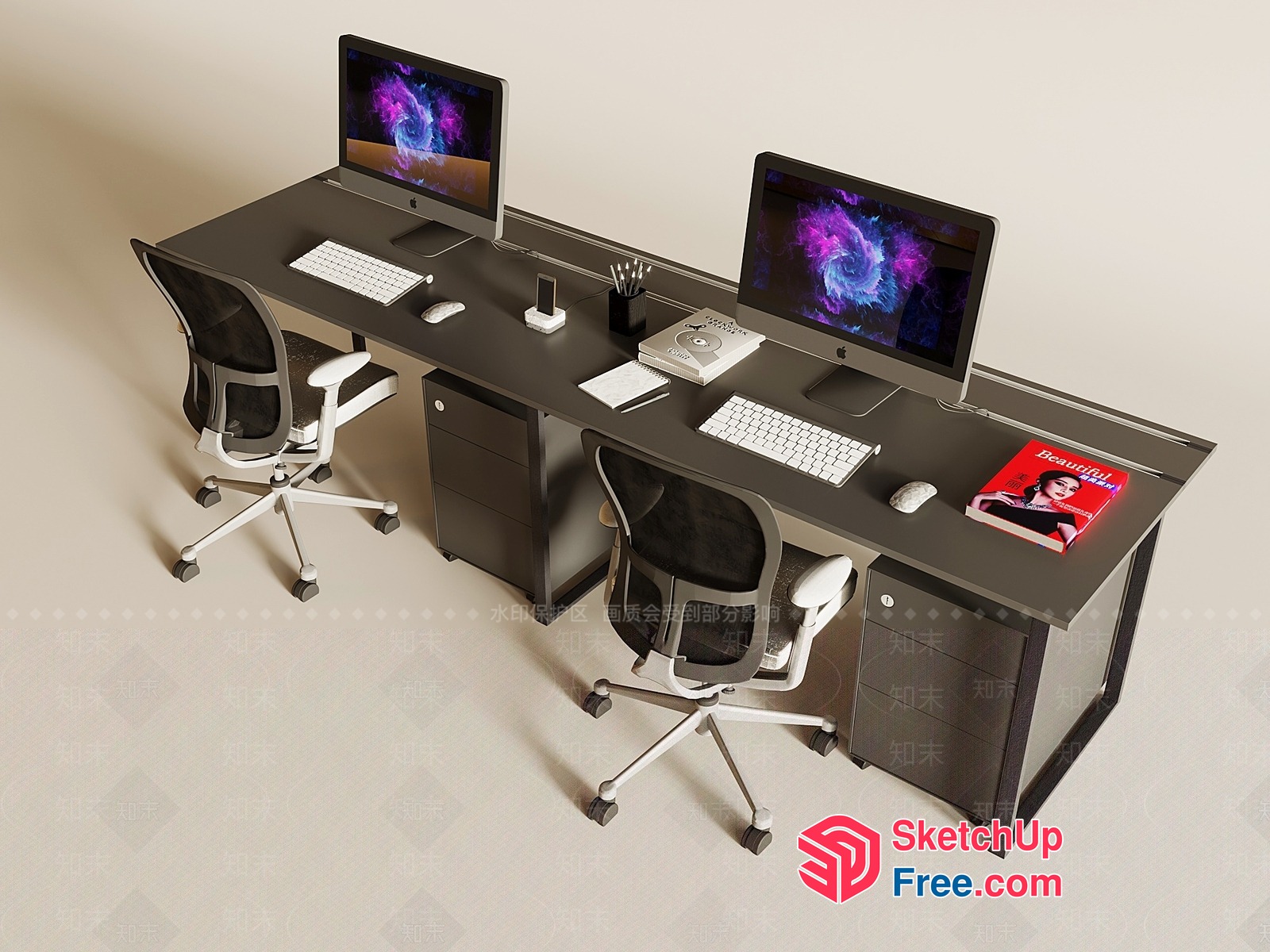 Modern Black Office Desks With White Accessories And Two Computer Monitors 3D SketchUp File