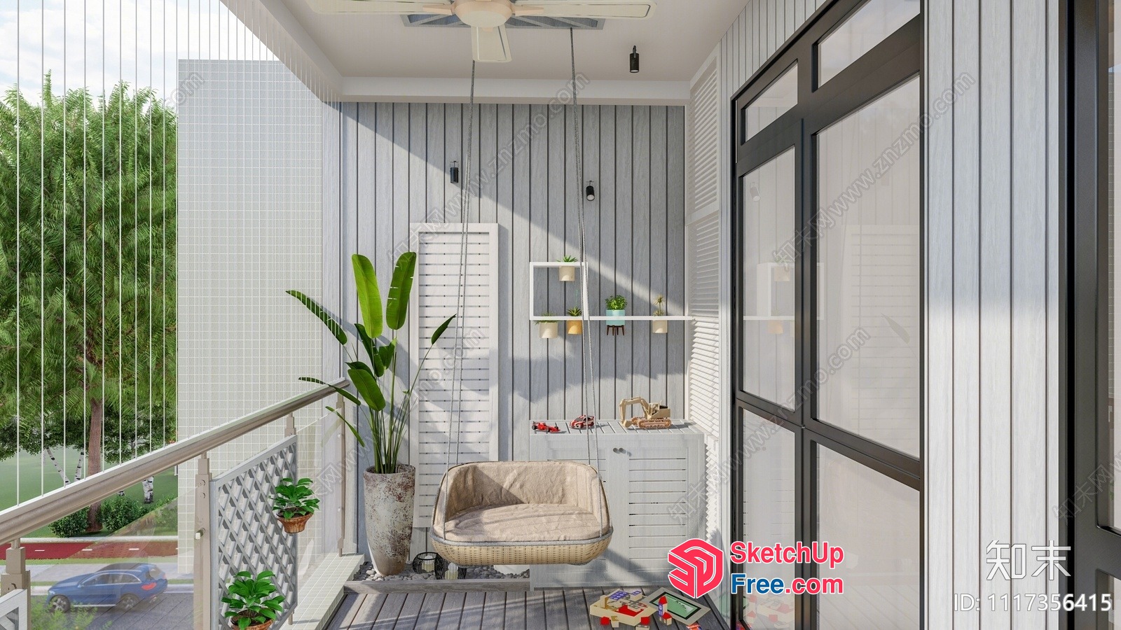 Cozy Balcony With Hanging Chair And Plants 3D SketchUp File