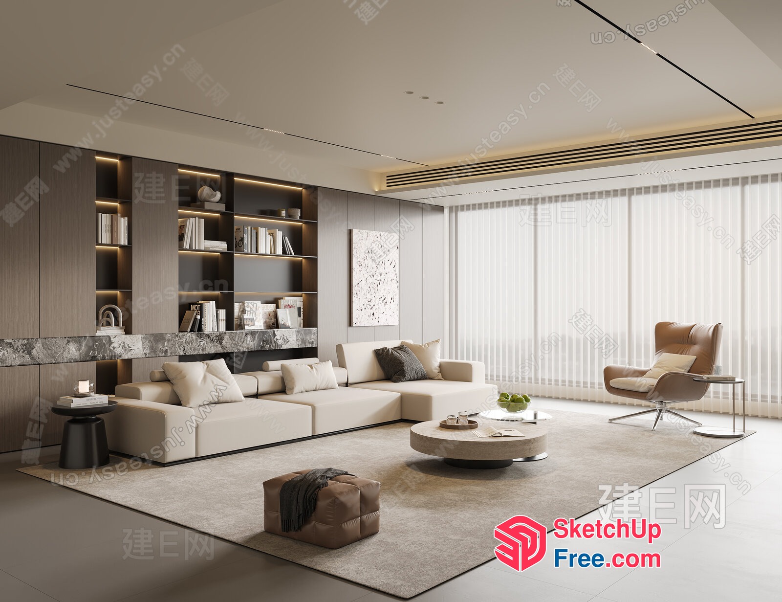 Modern Minimalist Living Room With Creamy Style Furniture 3D SketchUp File