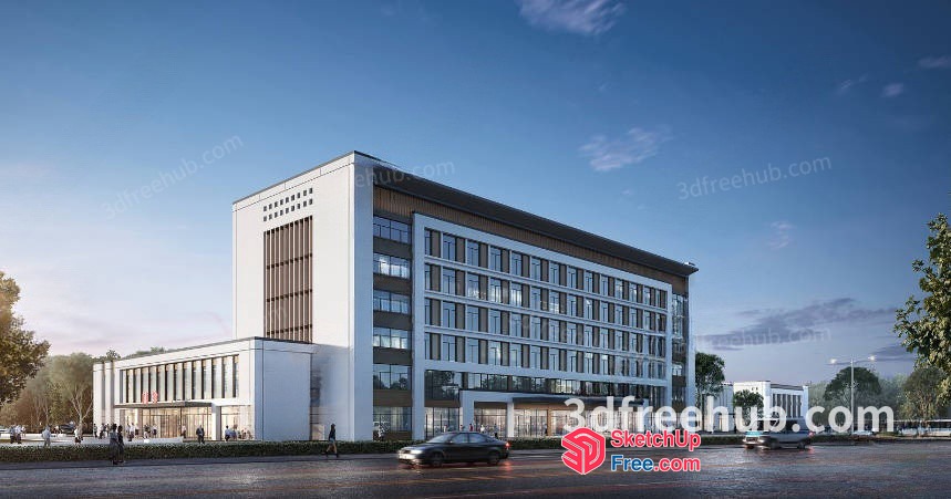 Modern Office Building With Glass Curtain Wall 3D SketchUp File