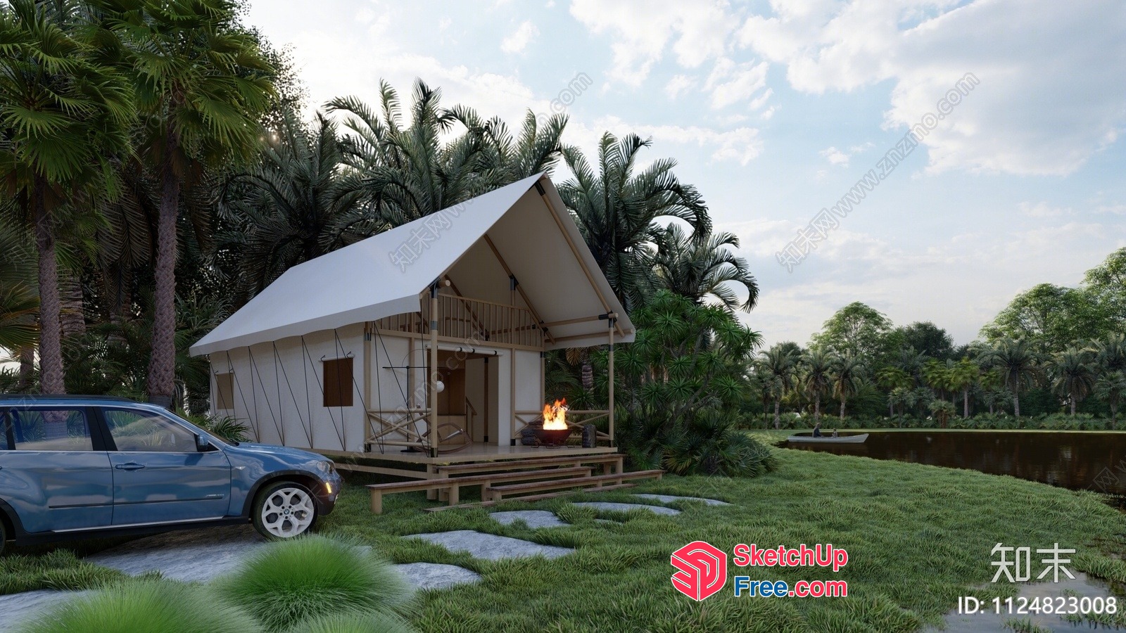 Tropical Outdoor Living Space With Car And Tent 3D SketchUp File