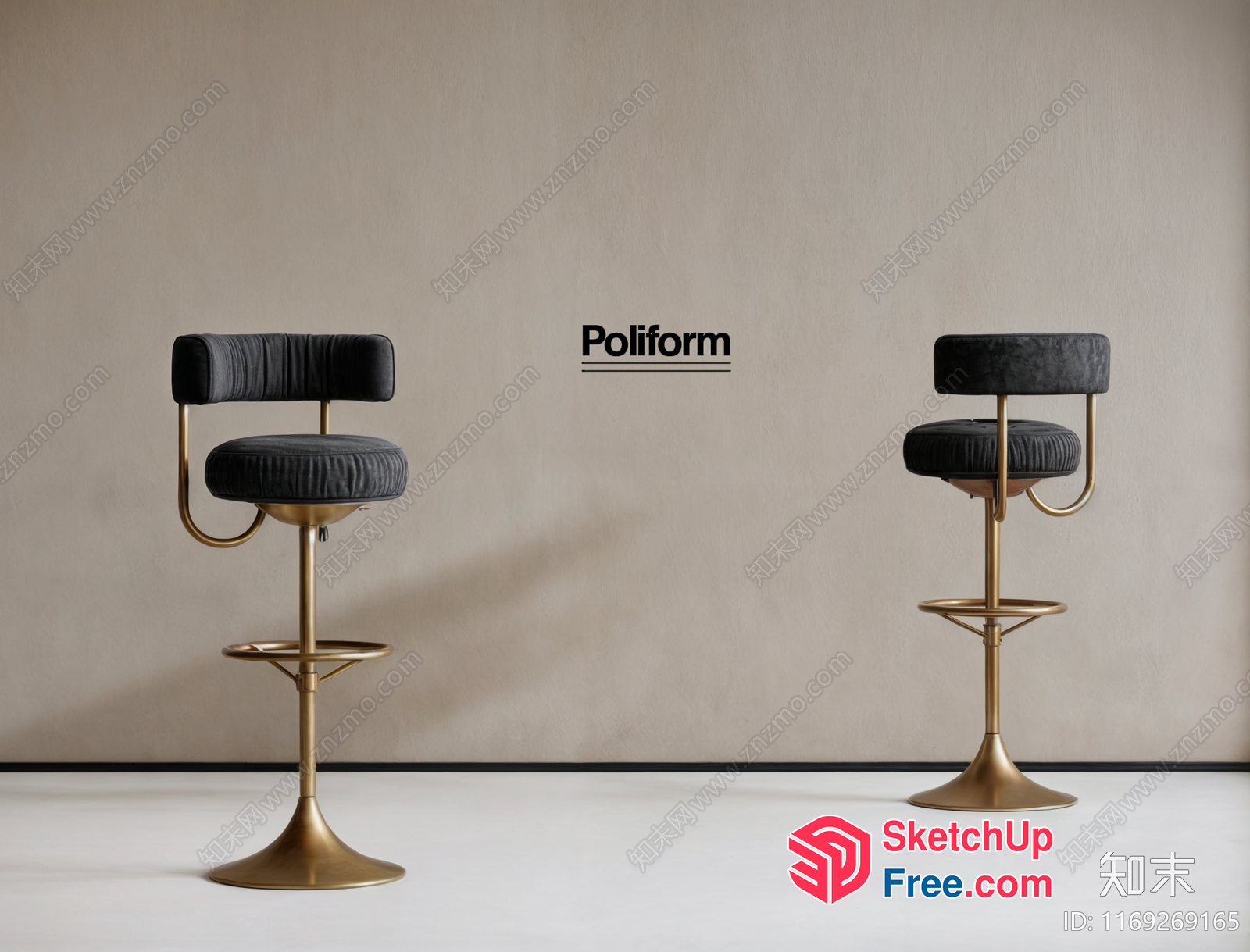 Poliform Bar Stools With Grey Seats And Gold Bases 3D SketchUp File