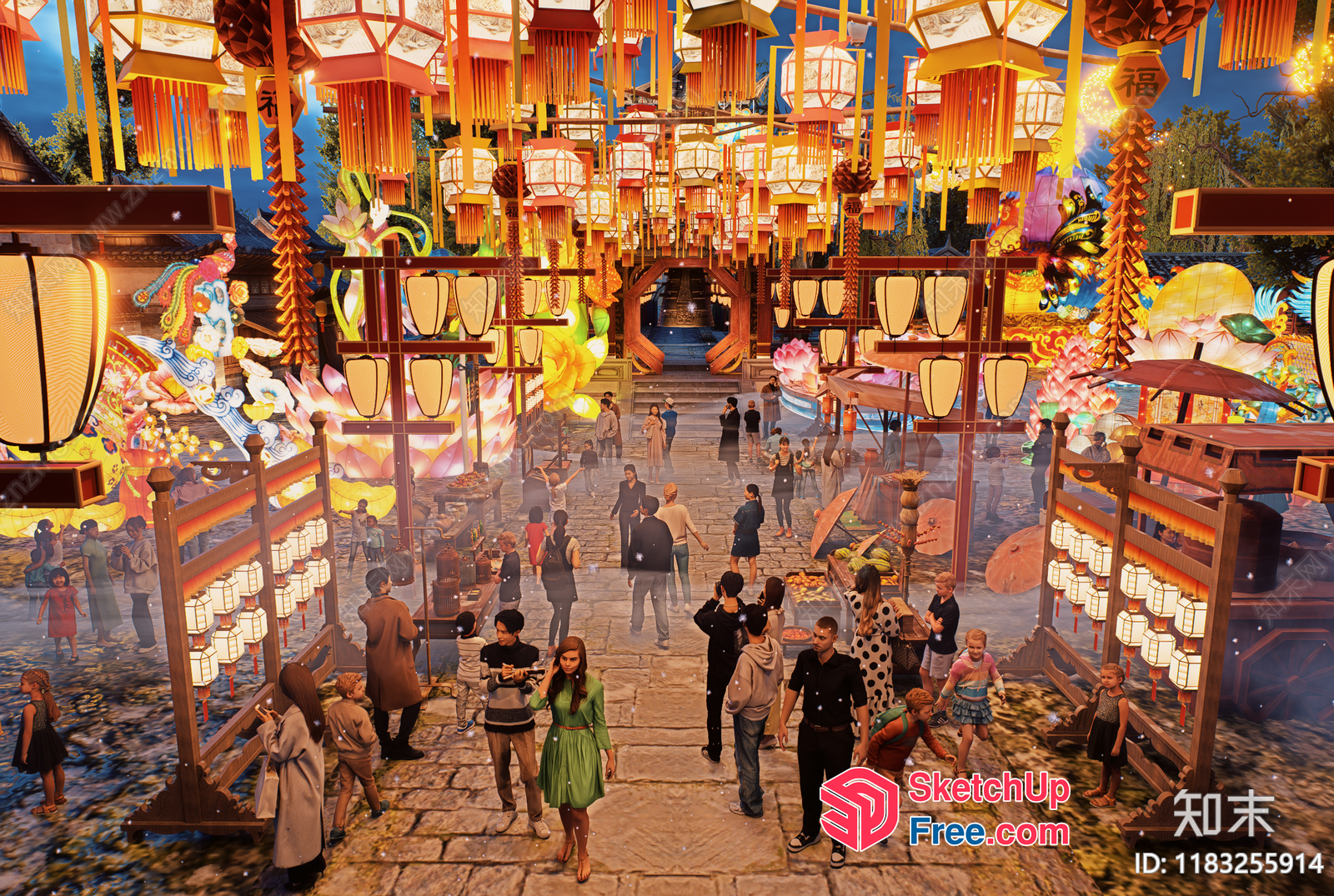 Vibrant Night Market Scene 3D SketchUp File