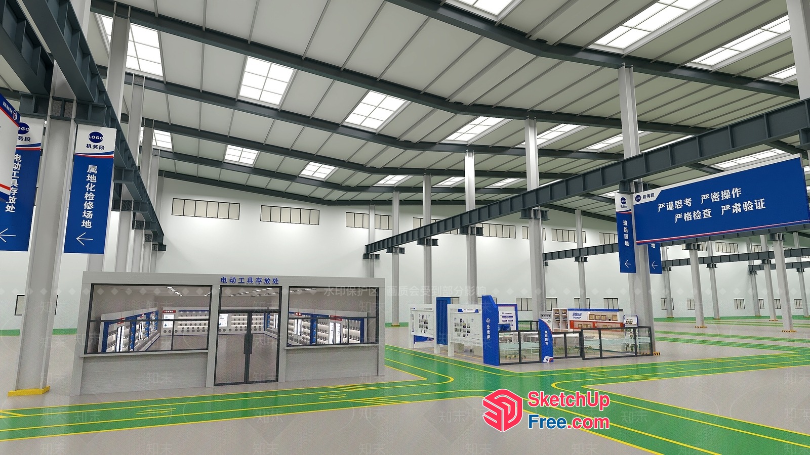 Large Warehouse Interior With Green And Yellow Floor Lines 3D SketchUp File
