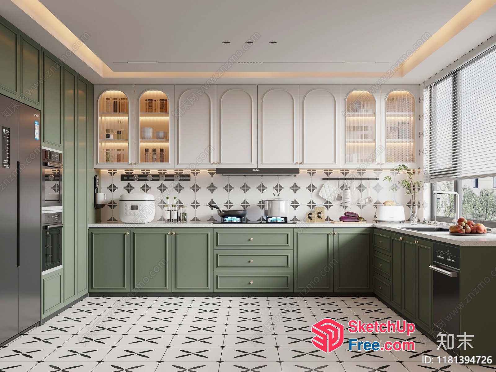 Modern Kitchen With Green Cabinets And White Tiles 3D SketchUp File