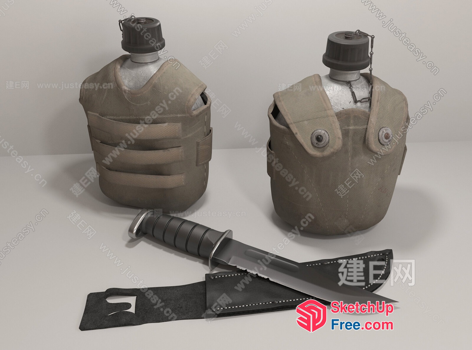 Military Style Water Bottle And Knife 3D SketchUp File