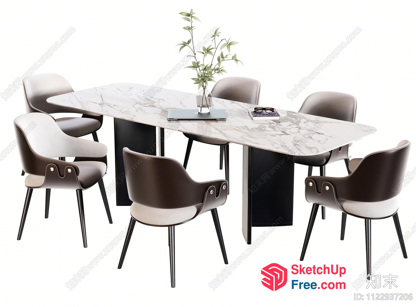 Modern Office Furniture With Marble Table And Brown Chairs 3D SketchUp File