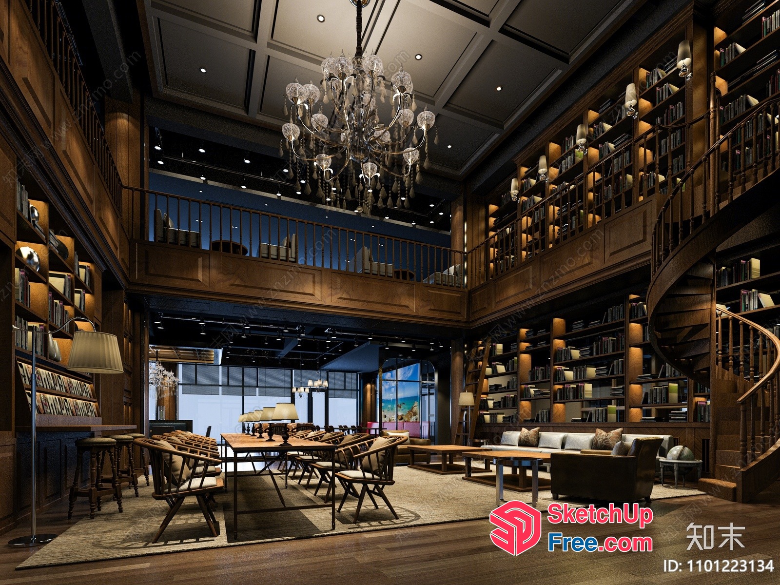 Grand Library Interior With Elegant Chandelier 3D SketchUp File