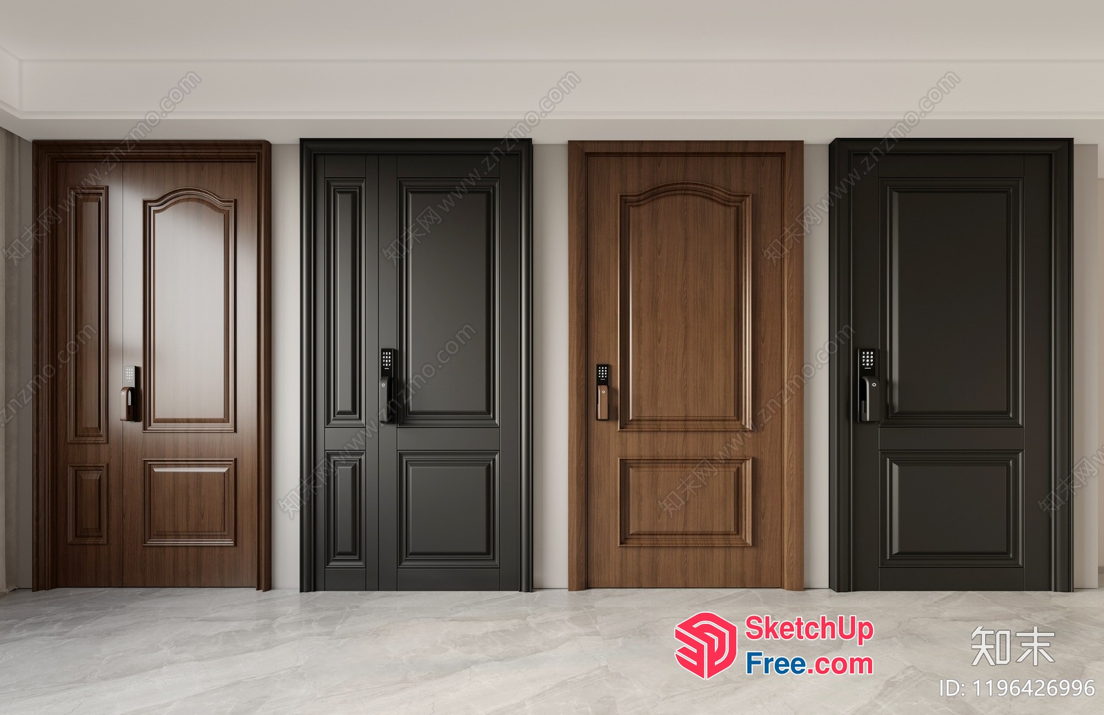 Five Different Doors In Various Styles And Colors 3D SketchUp File