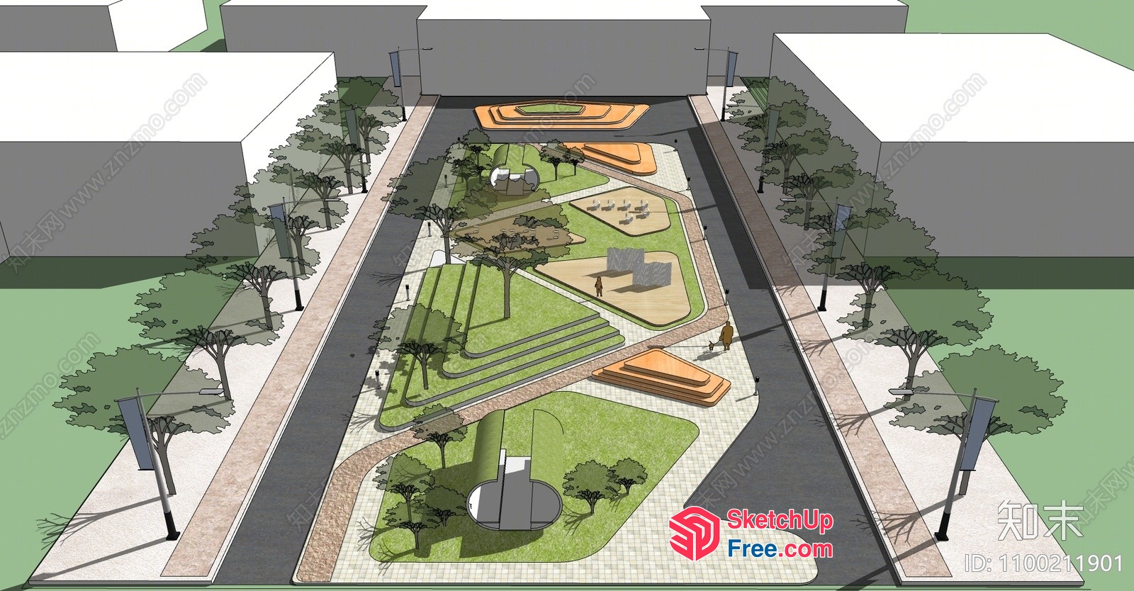 Modern Urban Park With Green Spaces And Water Features 3D SketchUp File