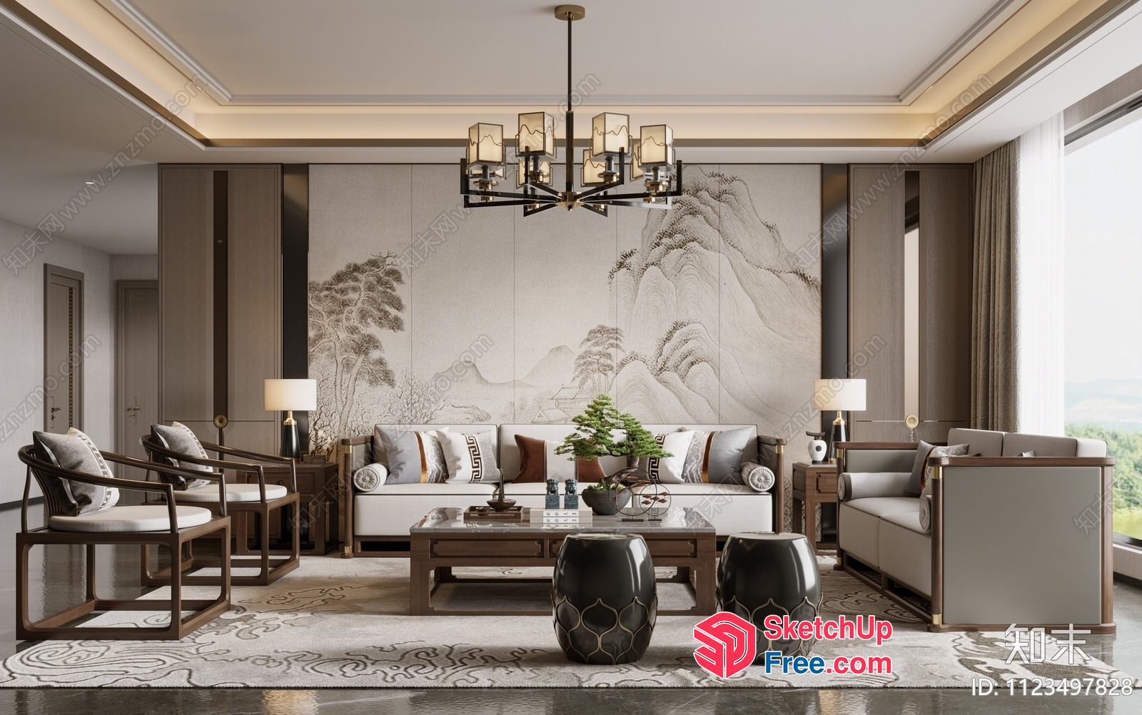 Modern Asian-Inspired Living Room With Elegant Furniture And Artistic Backdrop 3D SketchUp File