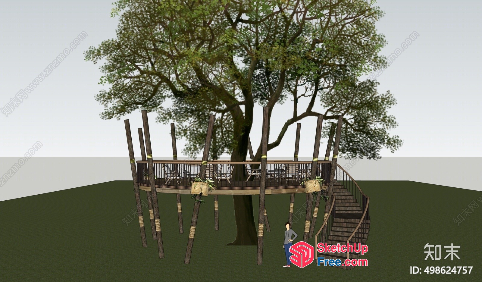 Treehouse Platform With Staircase And Railings 3D SketchUp File