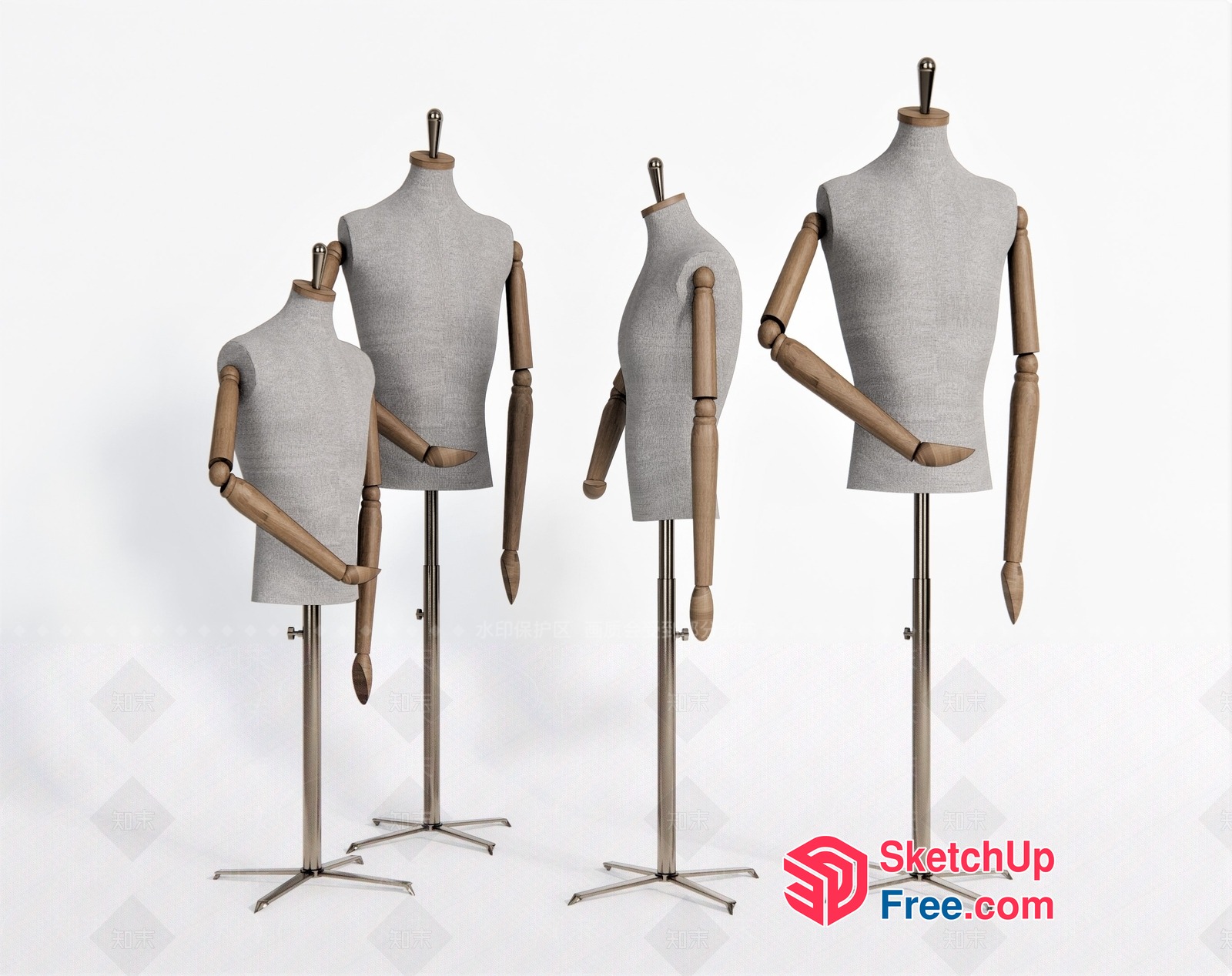 Four Wooden Mannequins On Metal Stands 3D SketchUp File