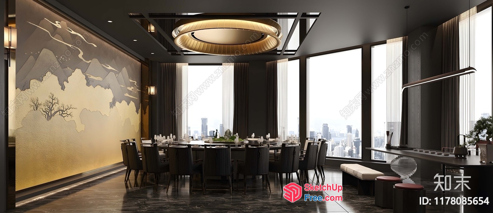 Modern Dining Room With Large Windows And City View 3D SketchUp File