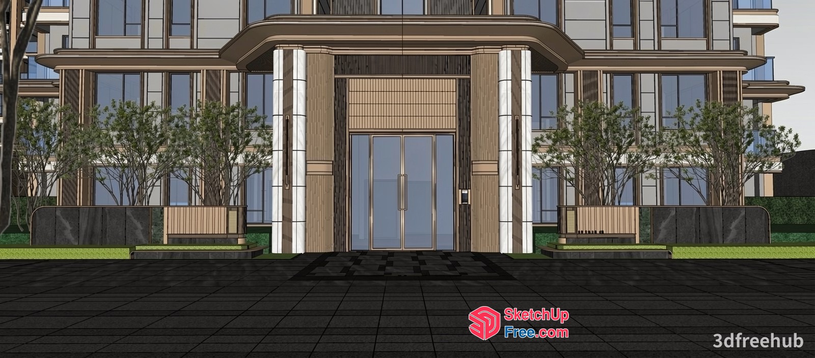 Modern Building Entrance With Pillars And Glass Doors 3D SketchUp File