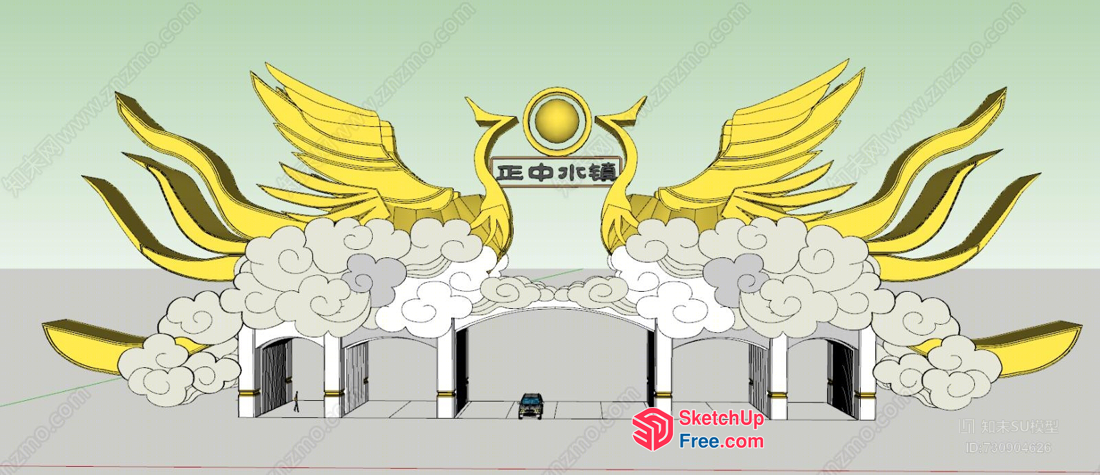 Elegant Entrance With Ornate Gold Wings And Clouds 3D SketchUp File