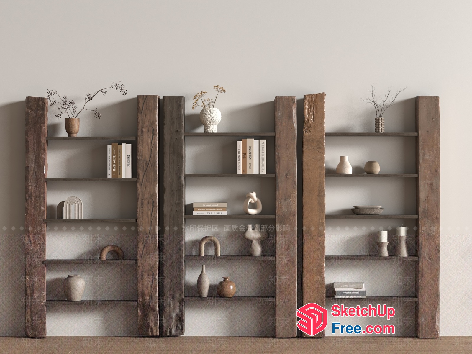 Rustic Wood Bookcase With Decorative Shelves 3D SketchUp File