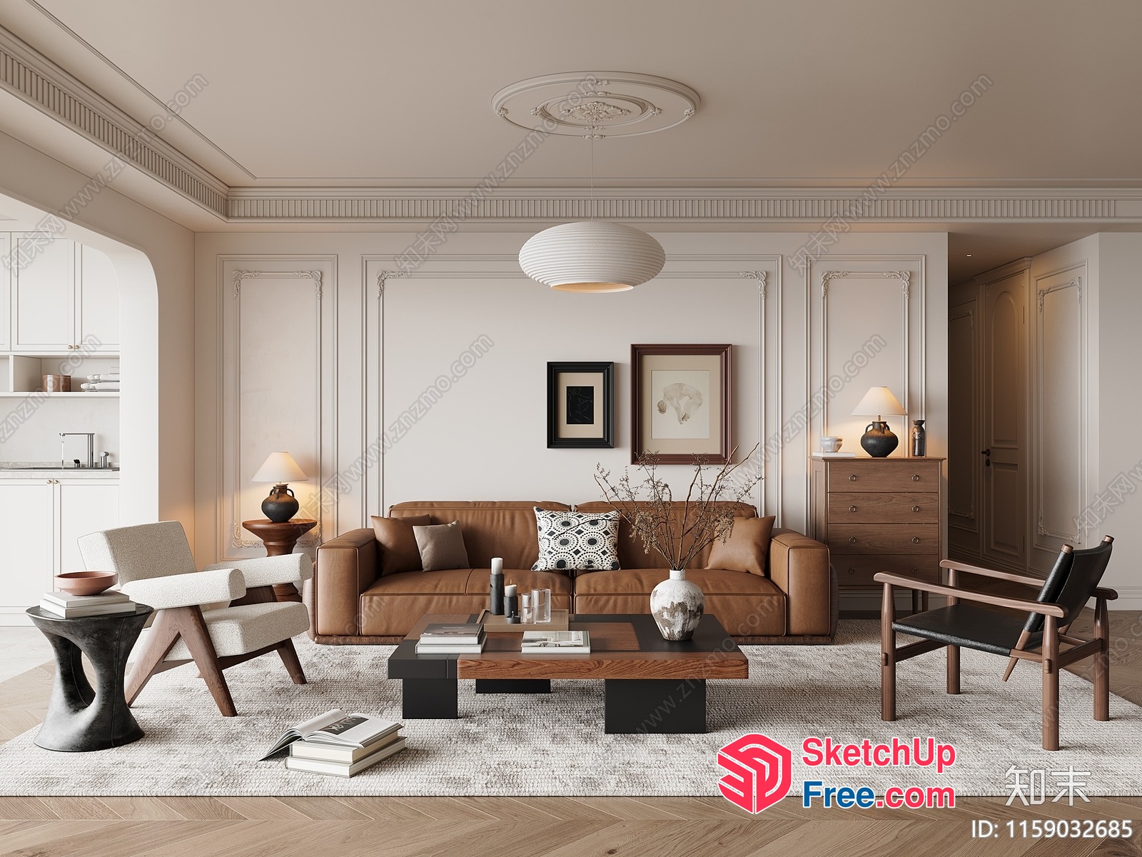 Elegant Living Room With Brown Leather Sofa And Modern Decor 3D SketchUp File