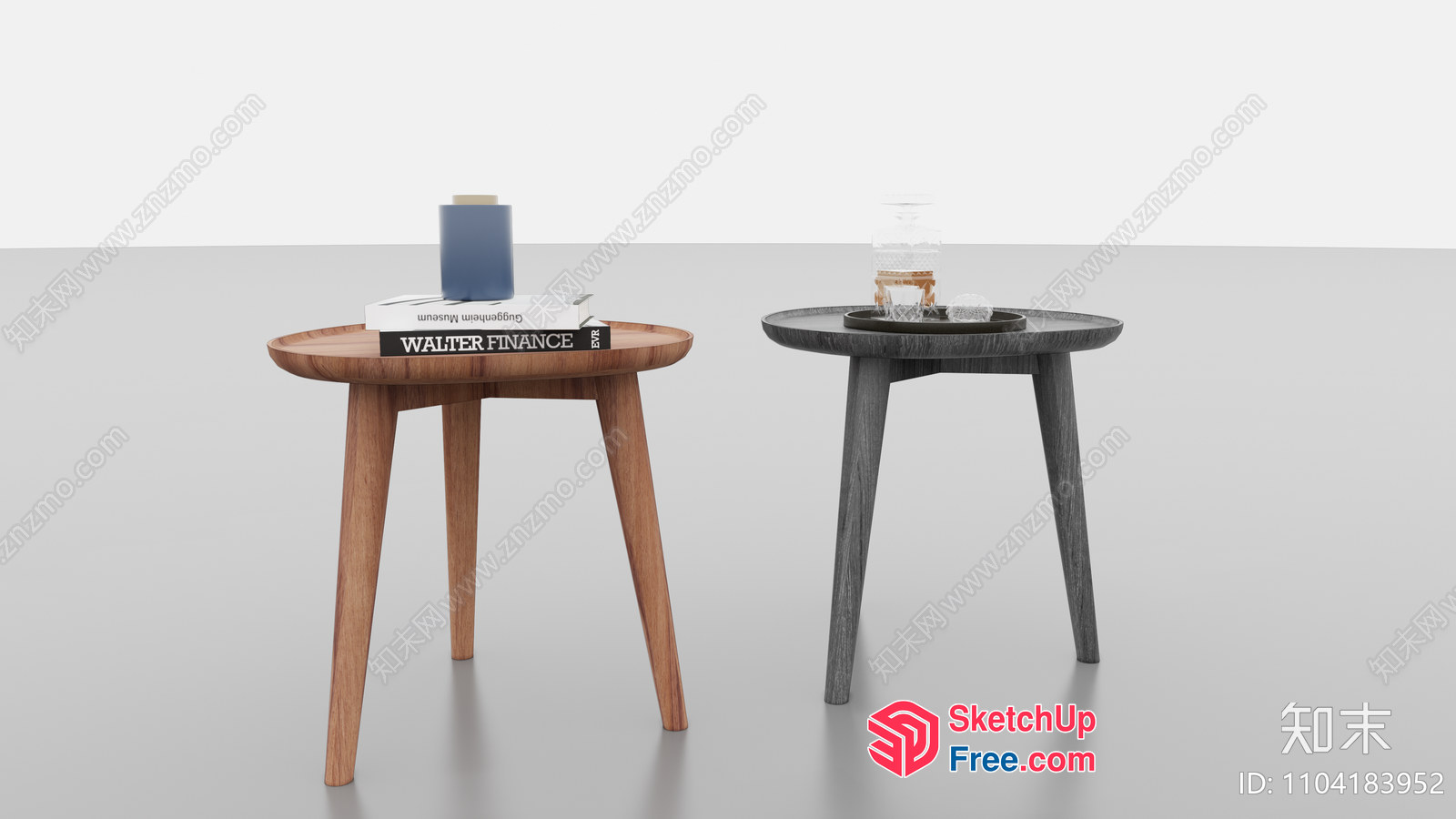 Two Round Wooden Tables With Books And Drinks 3D SketchUp File