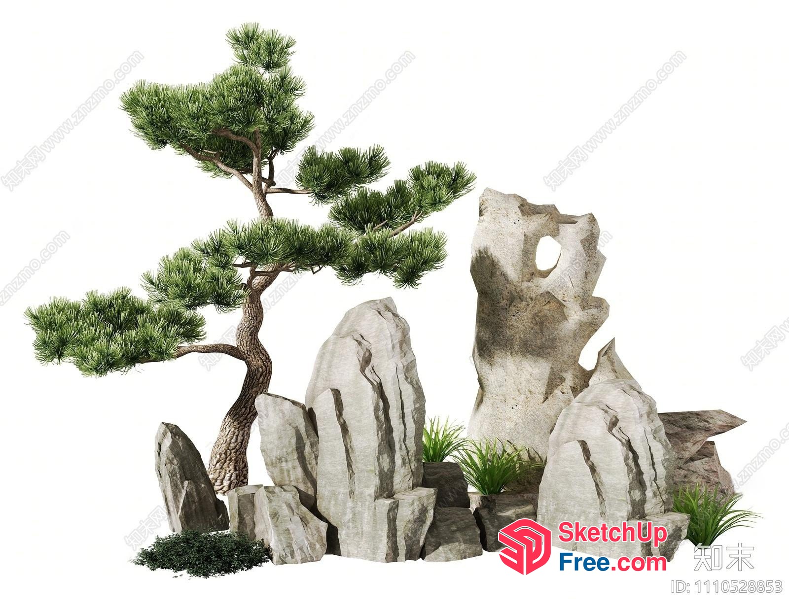 Japanese Style Rockery And Pine Tree Scene 3D SketchUp File