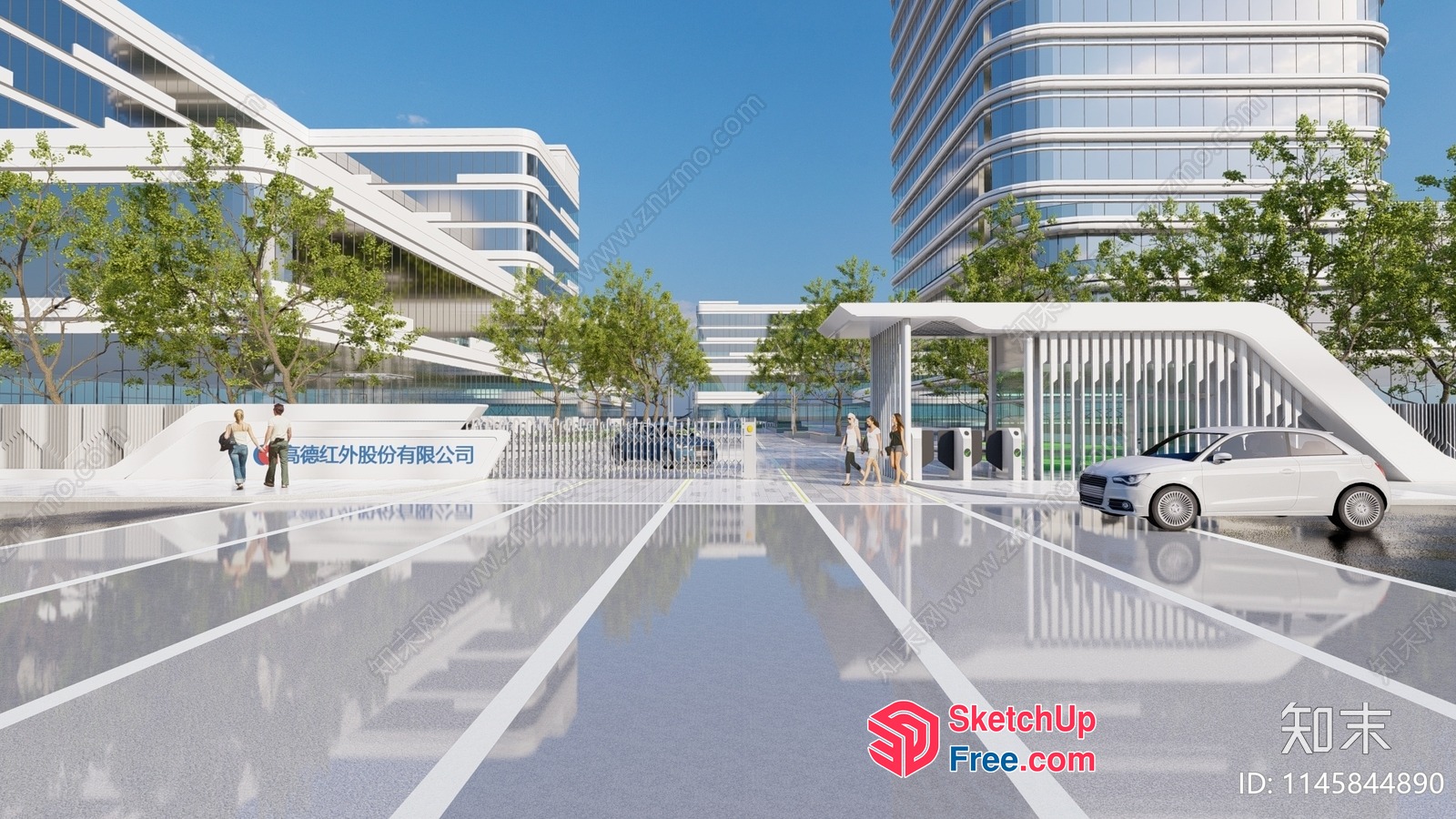 Modern Office Building With Glass Curtain Wall And Parking Lot 3D SketchUp File