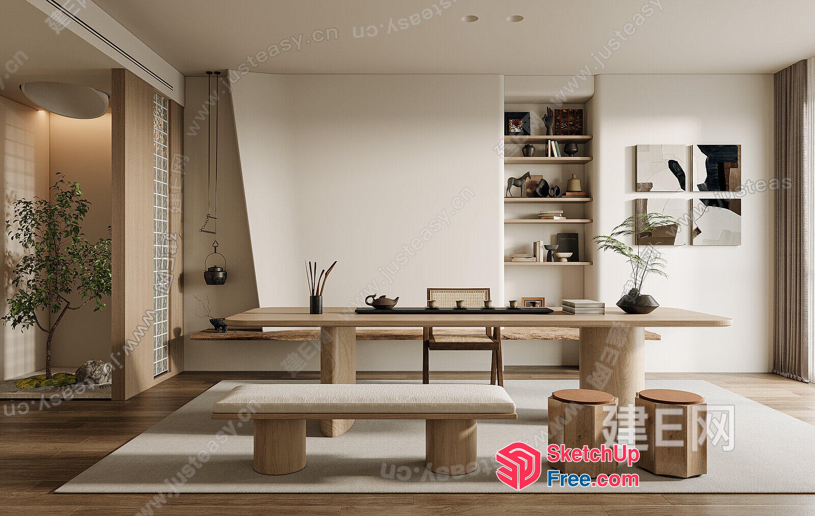 Elegant Japanese Style Living Room With Natural Wood Accents 3D SketchUp File