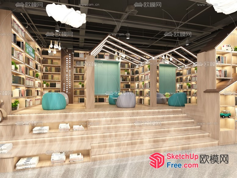 Modern Library Interior With Staircase And Bookshelves 3D SketchUp File