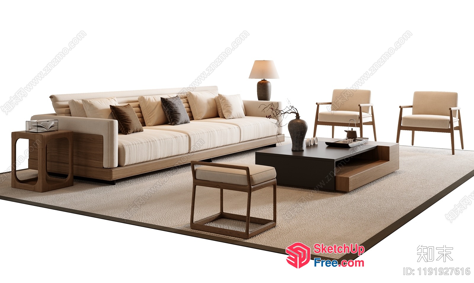 Modern Japanese-Style Living Room With Creamy And Wood Accents 3D SketchUp File
