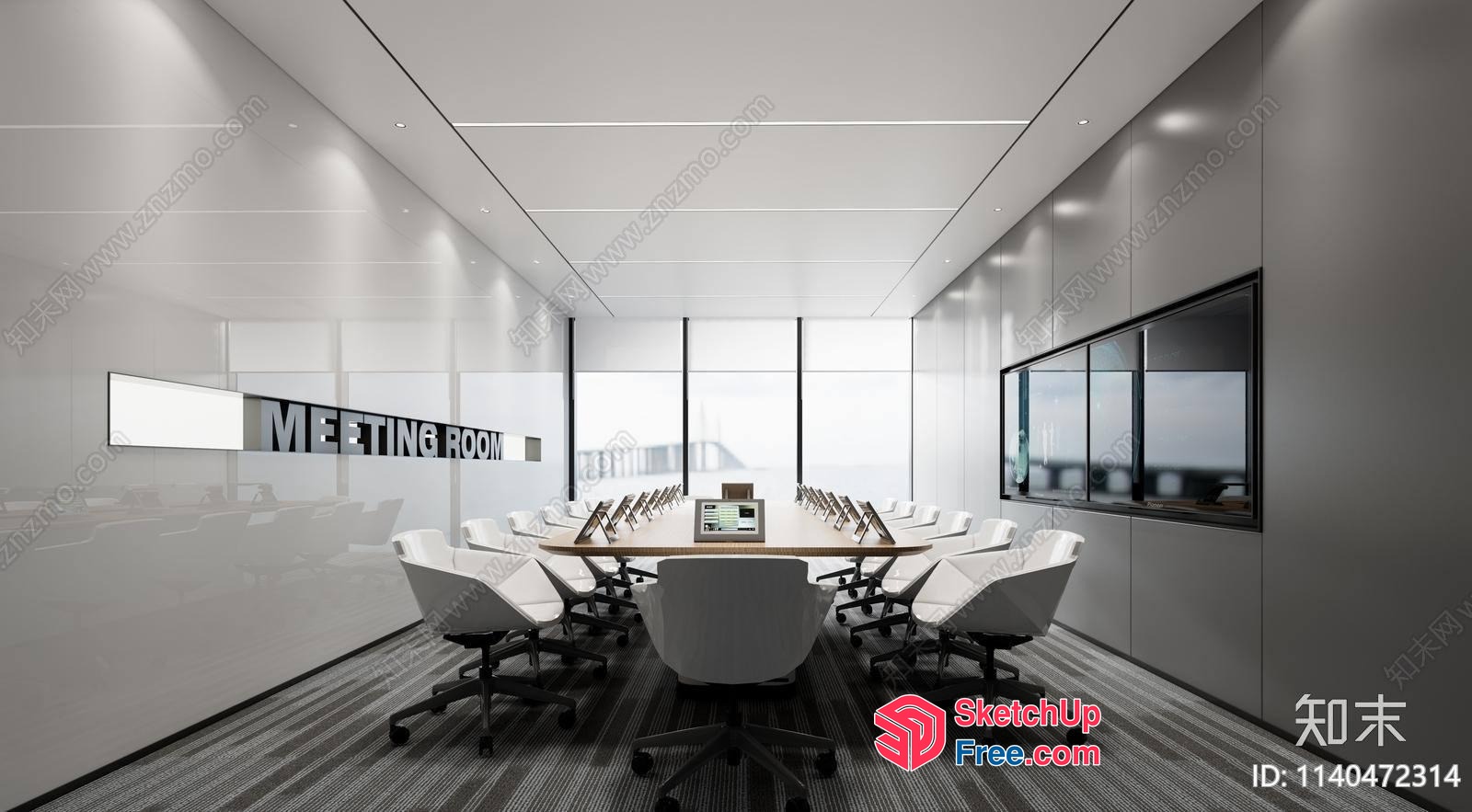 Modern Meeting Room With Sleek White Chairs And Wood Table 3D SketchUp File