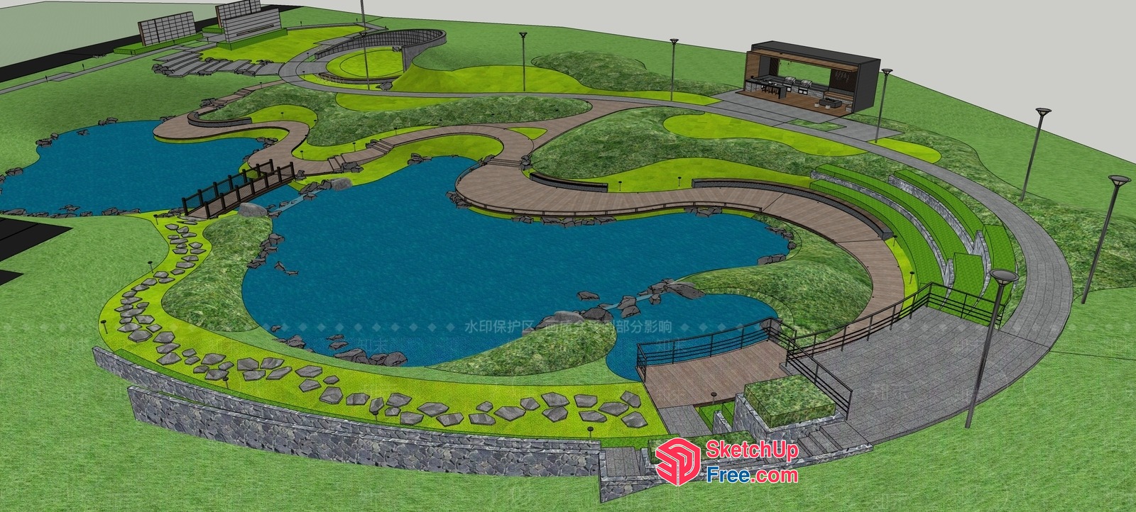 Serene Water Feature With Lush Greenery And Tranquil Pathways 3D SketchUp File