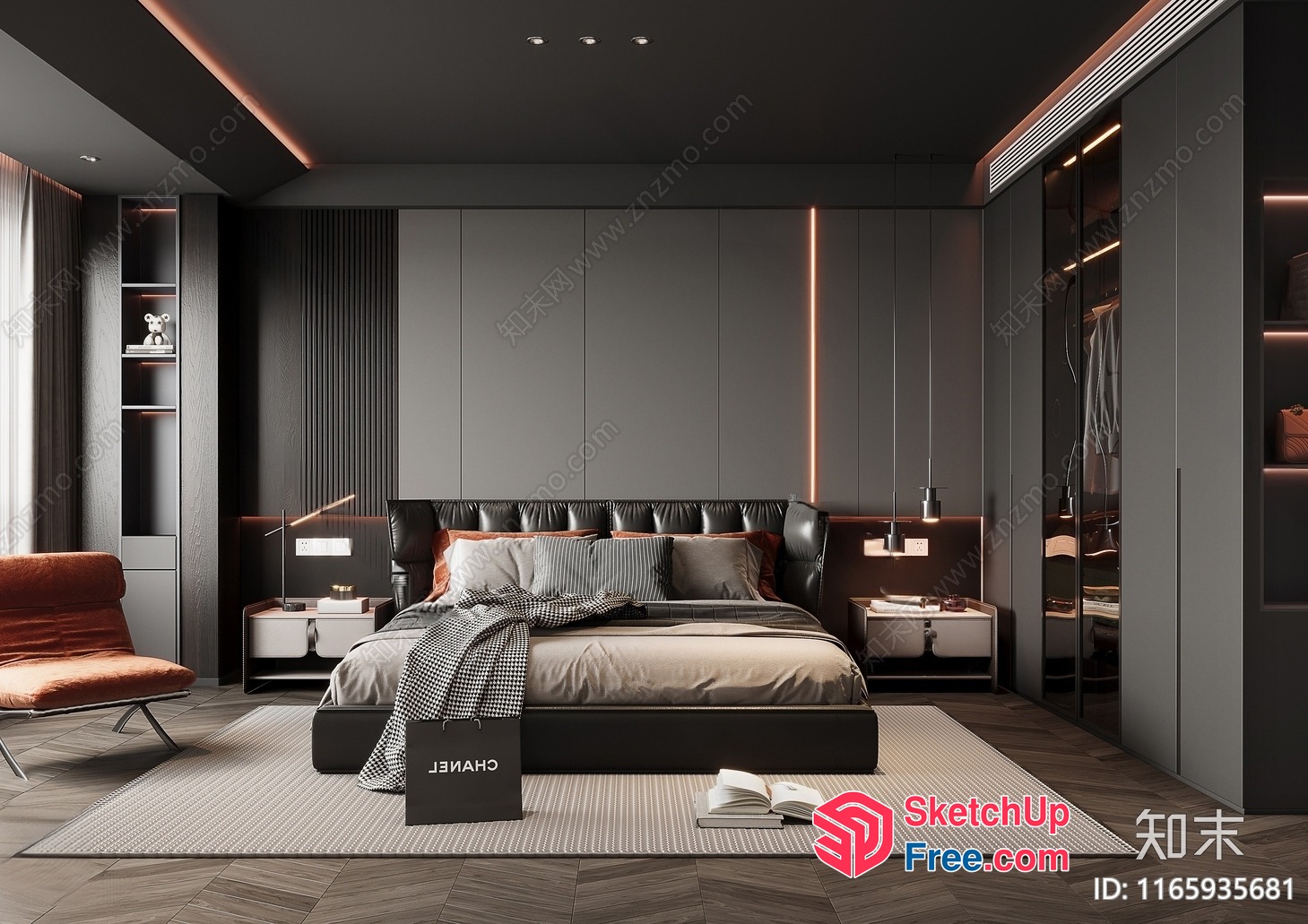 Modern Minimalist Dark Gray Bedroom With Black Leather Bed 3D SketchUp File