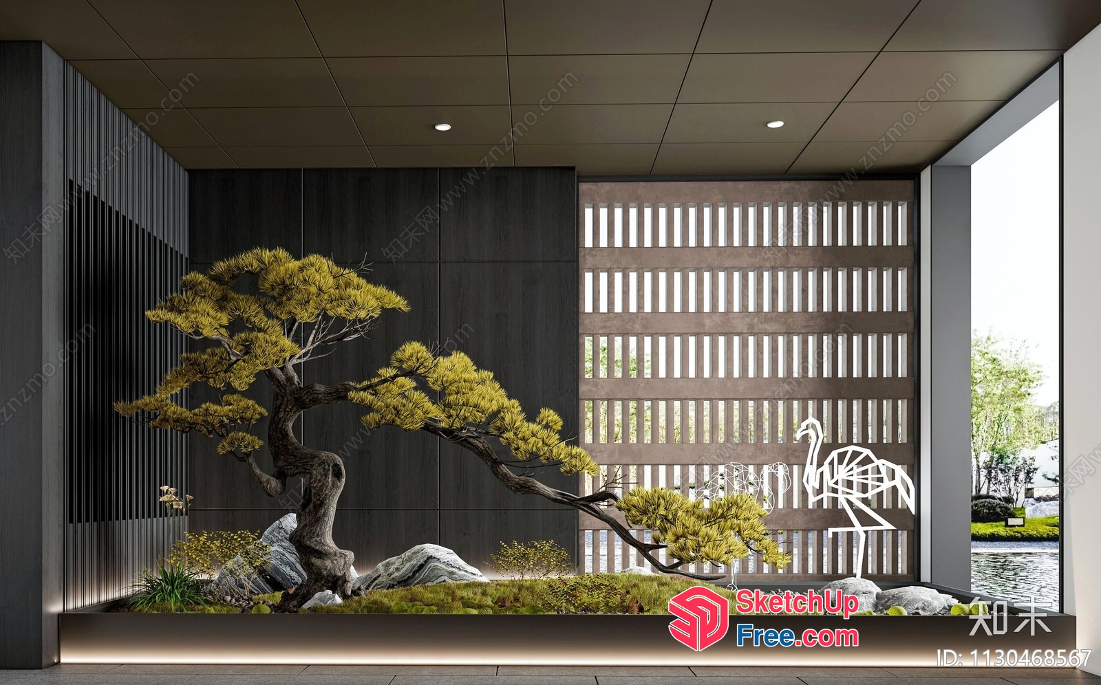 Japanese-Style Garden Scene With Tree And Stool 3D SketchUp File