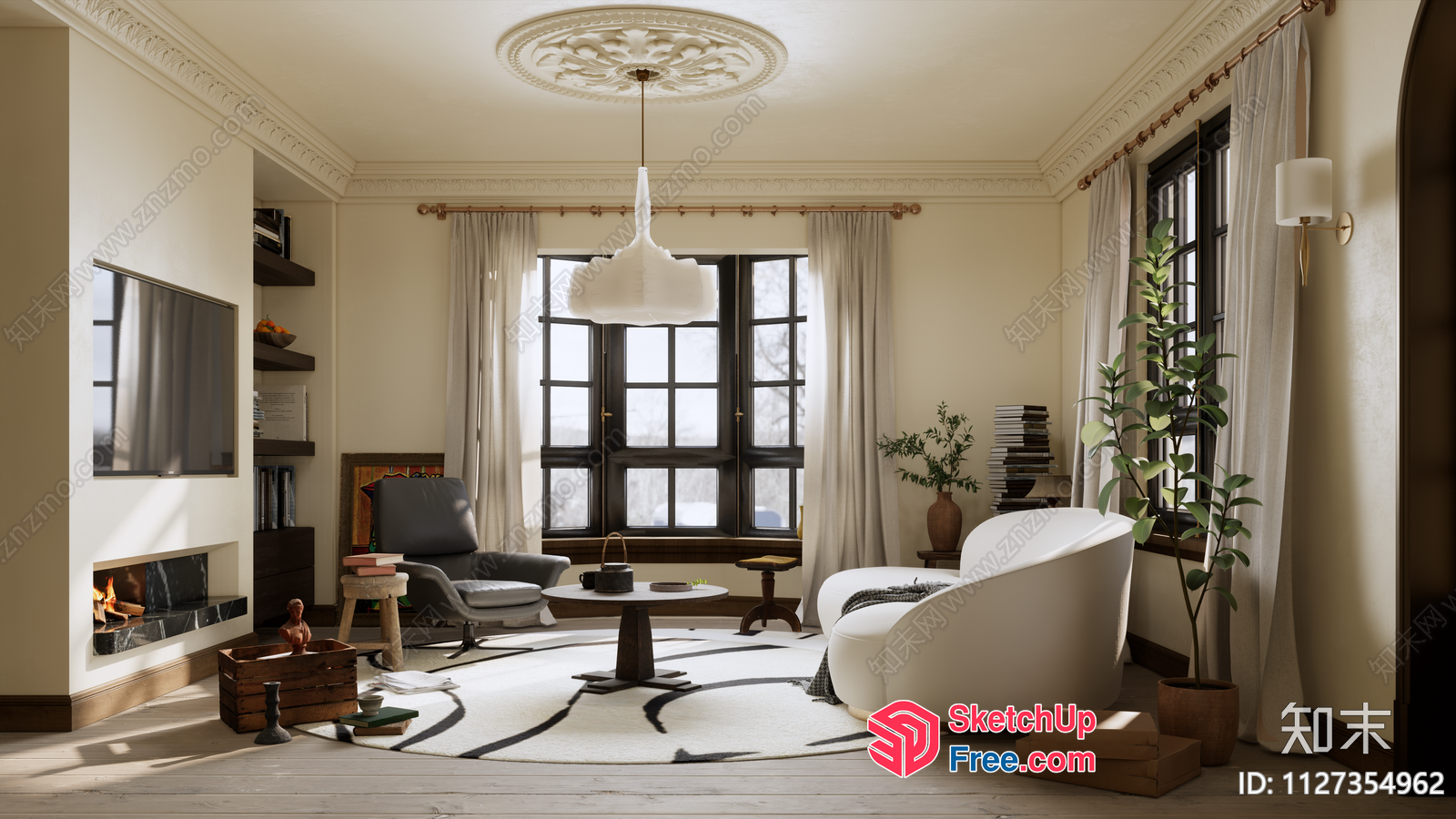 Cozy Living Room With Fireplace And Tv 3D SketchUp File