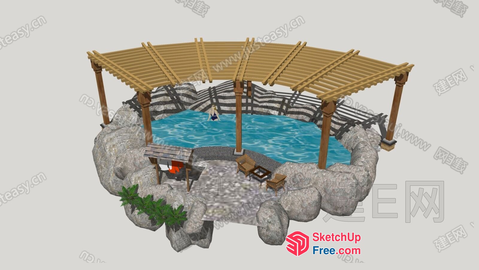 3D Rendering Of A Swimming Pool With A Wooden Pergola 3D SketchUp File