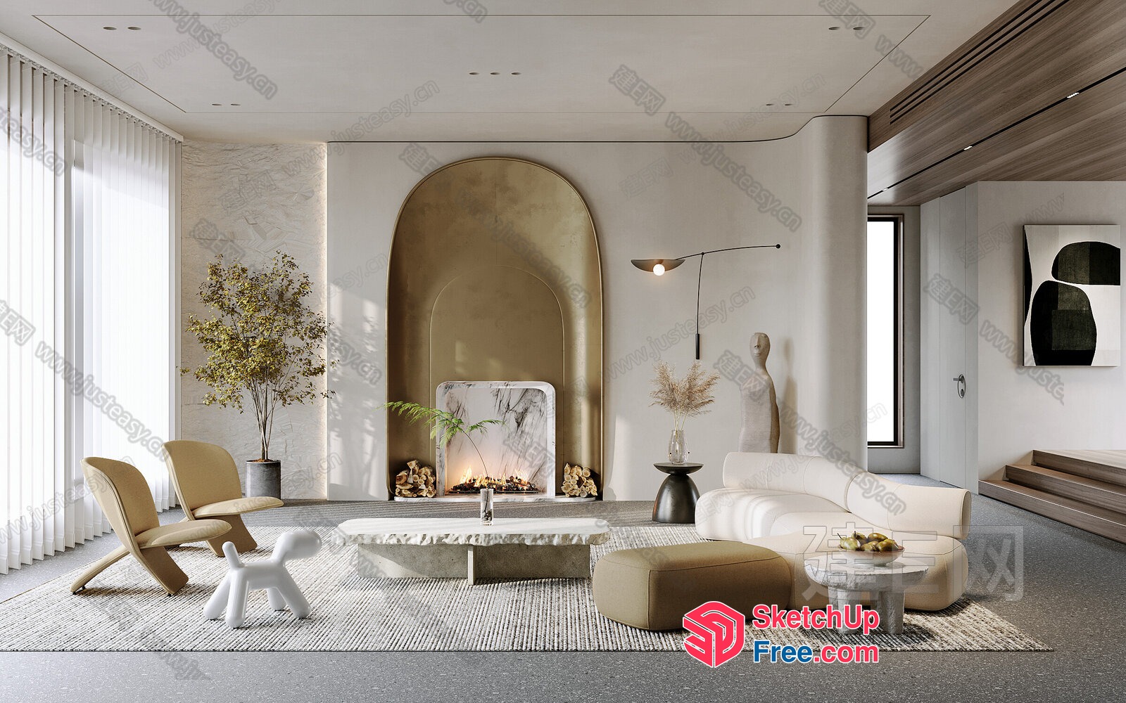 Elegant Modern Living Room With Fireplace And Natural Light 3D SketchUp File