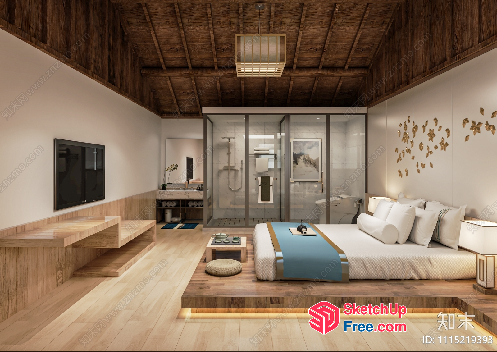 Modern Japanese-Style Bedroom With A Spacious Bathroom 3D SketchUp File